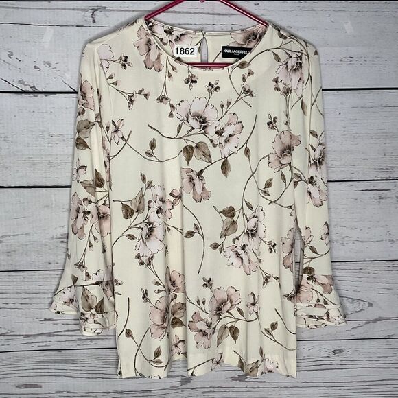 Women's Karl Lagerfeld Cream Floral Blouse Bell Sleeve Pullover Tunic Top size S - Picture 1 of 9